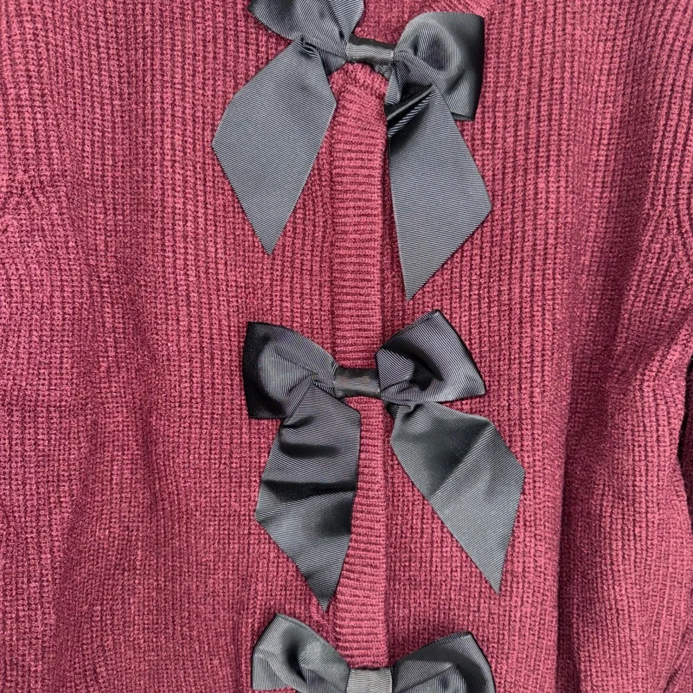 Commense Burgundy‎ Ribbed Cardigan Black Bows Button Front Womens Size M - Picture 6 of 10